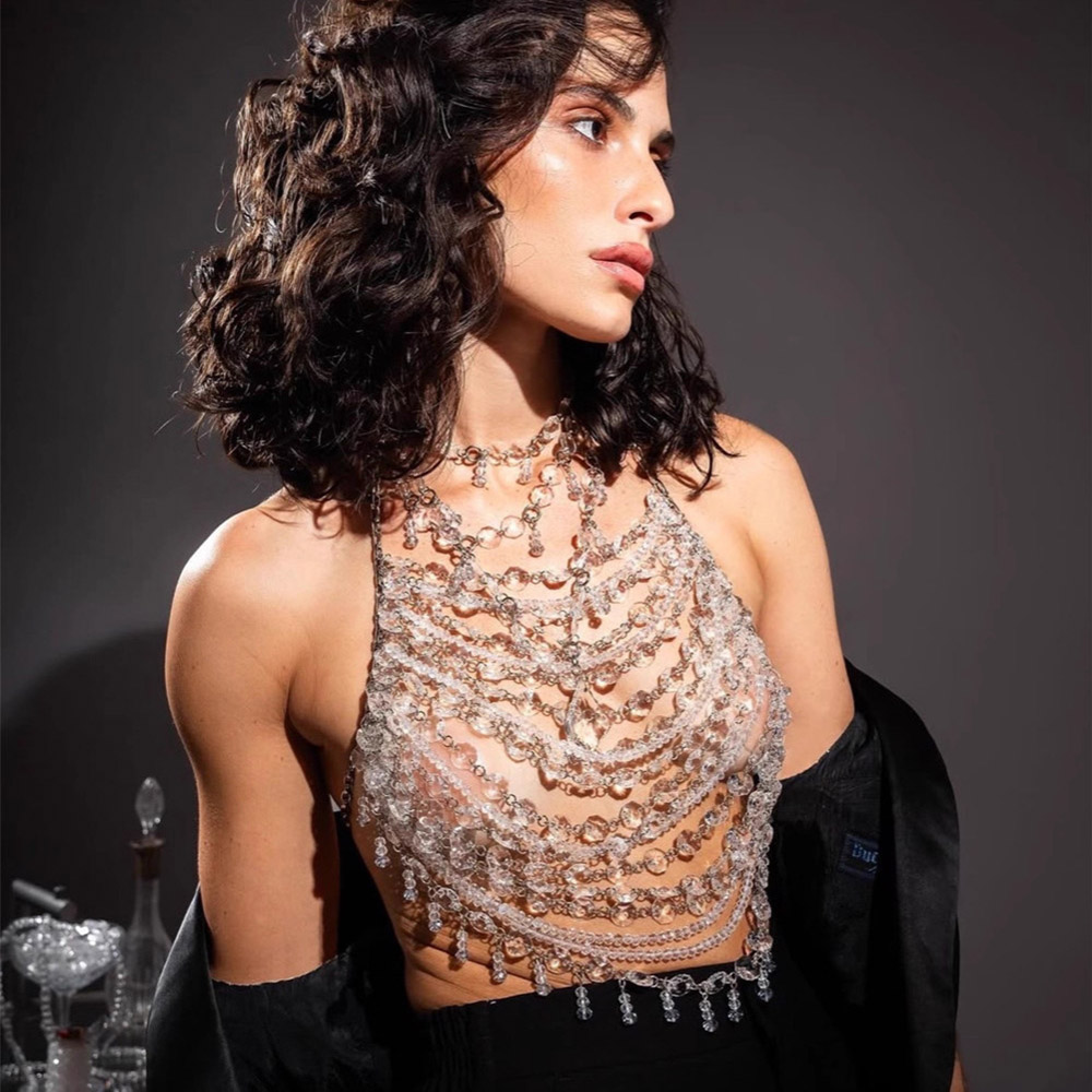 Body Jewelry Vest - Handgemachte Perlenweste Klarer Kristall Anhänger Neckholder
