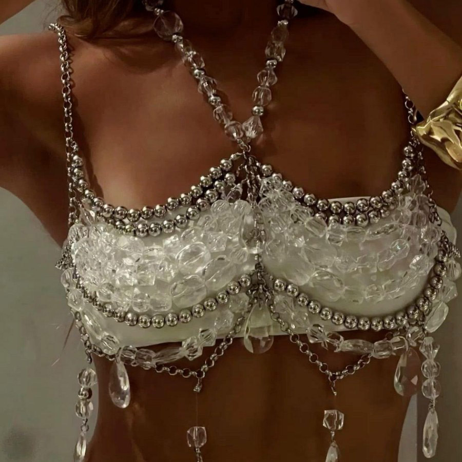 Body Jewelry Vest - 2025, handgefertigte Musik-Festival-Outfits, Bralette-Ketten, durchsichtige Perlenweste,